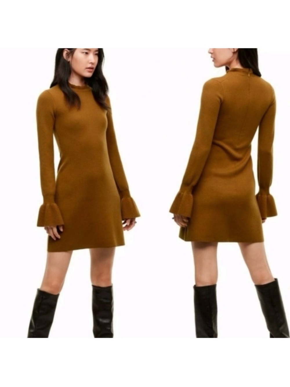 NWT Wilfred Carre Knit Wool Dress Tamarind Mockneck Bell Sleeves Size Large